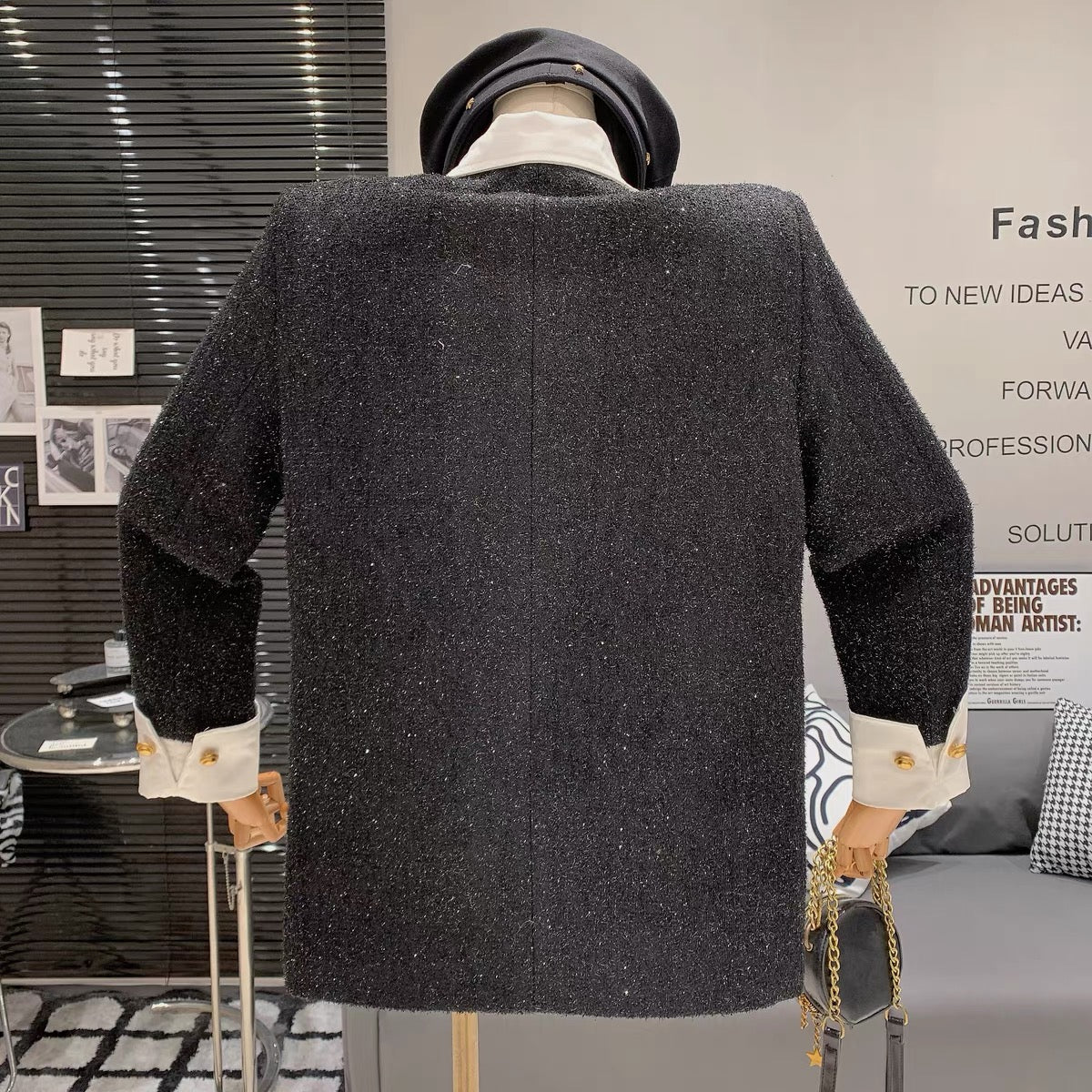 French light mature style contrasting color splicing shirt collar, high-end, loose and versatile casual single-breasted thickened long-sleeved jacket