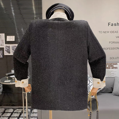 French light mature style contrasting color splicing shirt collar, high-end, loose and versatile casual single-breasted thickened long-sleeved jacket