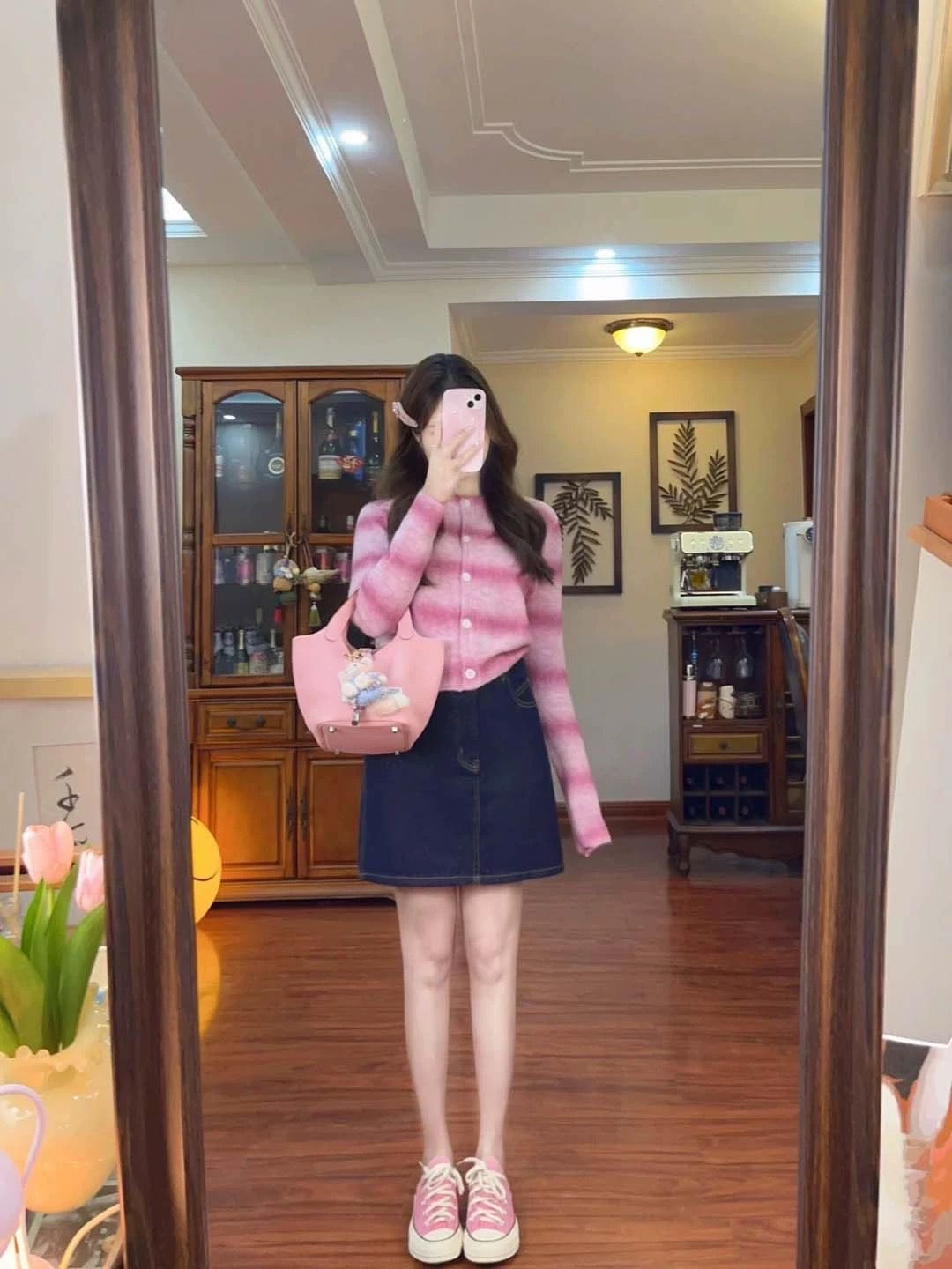 Dopamine Sweet Pink Knitted Cardigan Sweater Jacket Women's Slim Slim Spring and Autumn Denim Skirt Two-Piece Suit