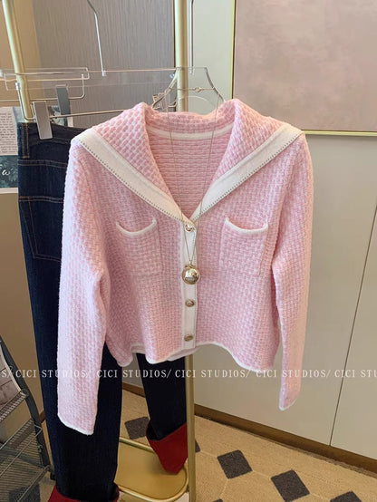Xiaoxiang style pink navy collar knitted cardigan autumn and winter women's 2023 new style gentle style sweet short sweater jacket
