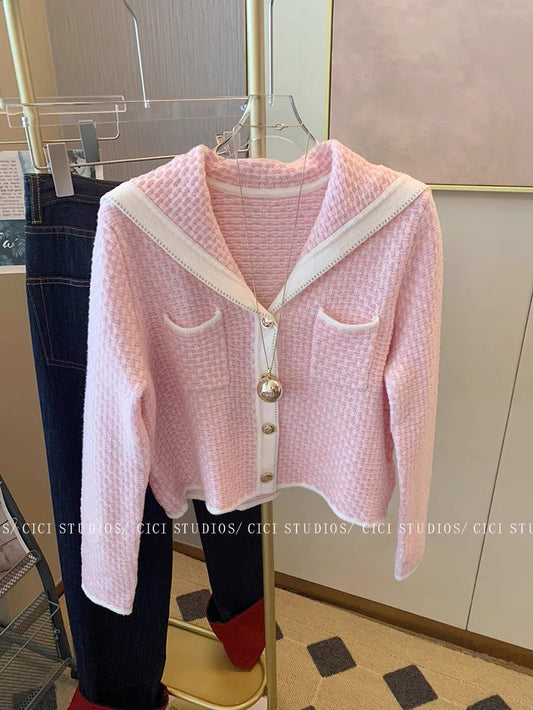 Xiaoxiang style pink navy collar knitted cardigan autumn and winter women's 2023 new style gentle style sweet short sweater jacket