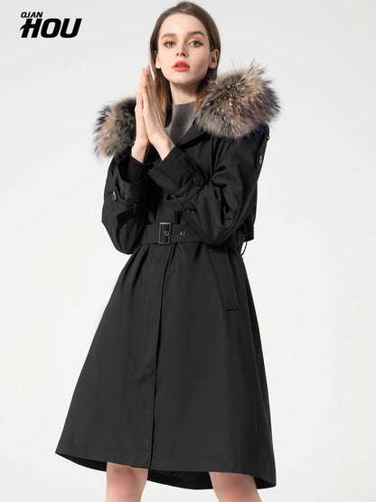 Parker Women's 2023 New Winter Rex Rabbit Fur Integrated Liner Medium Long Style Popular Young Fur Jacket Coat
