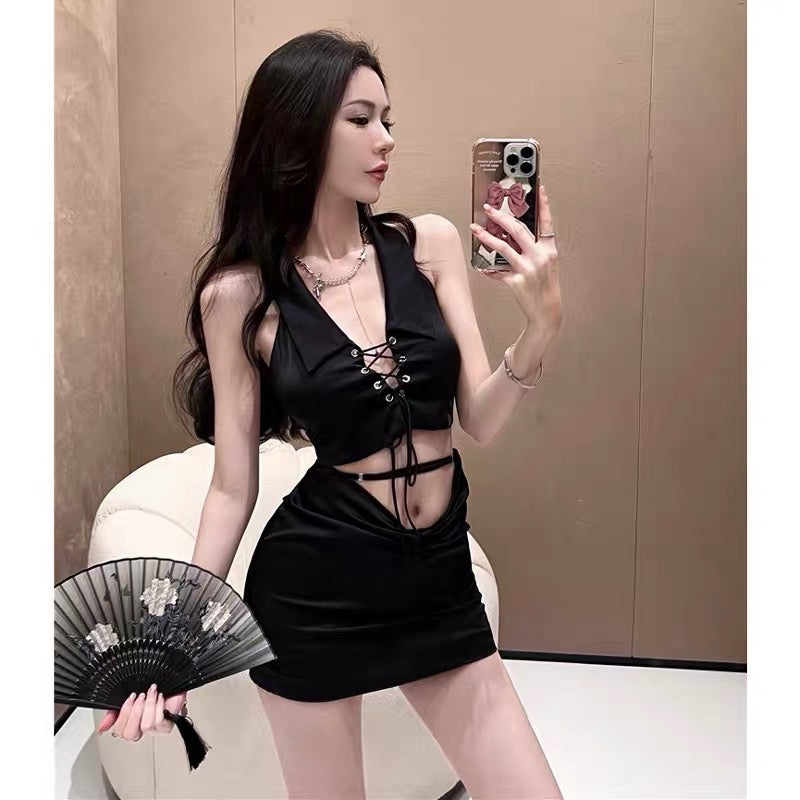 Pure desire high-end sexy chic hanging neck halter top American sweet hot girl two-piece suit short skirt female summer small man
