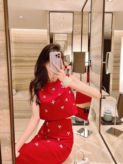 BETTER LS 2024 summer new style red suit for women half skirt lady temperament two-piece suit