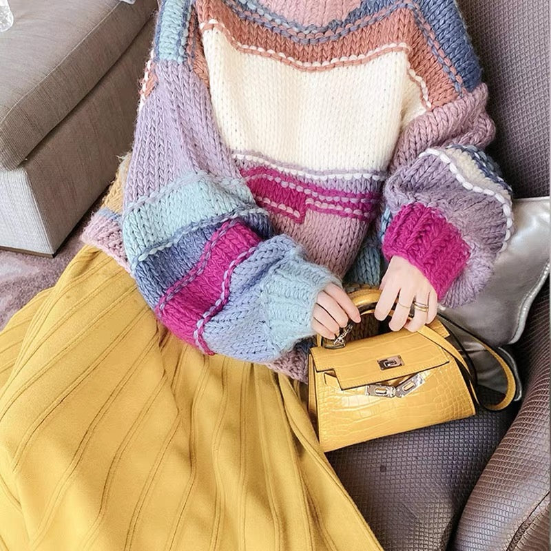 2022 new Japanese style lazy style thick line loose rainbow striped cocoon pullover sweater for women autumn and winter outer wear foreign style V1149