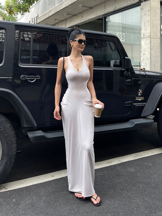 Jingye Hot Girl V-neck halter sleeveless dress female summer new high waist slim fit pleated temperament hip skirt