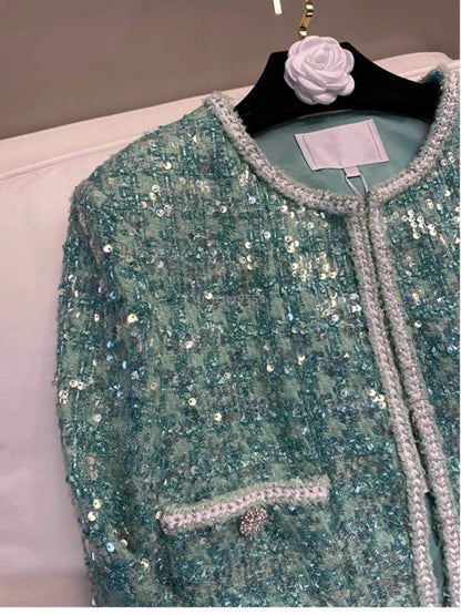 2023 New French high-end street green small fragrant jacket for women in spring and autumn slim short top
