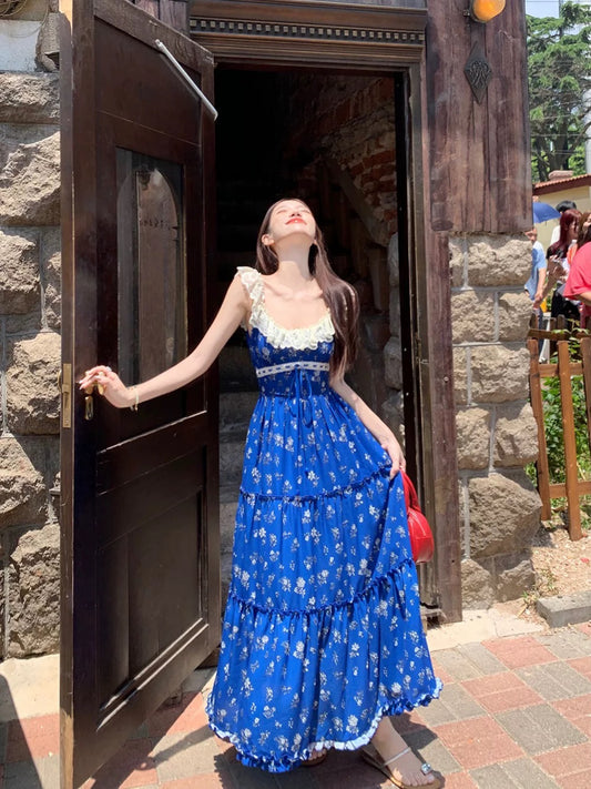 Blue floral suspender dress women's summer French hollow lace stitching high waist seaside holiday long skirt