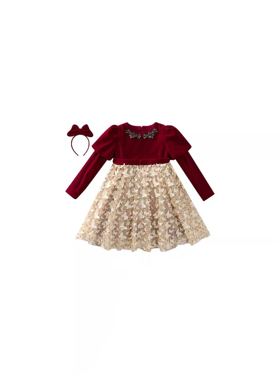 Girls Dresses Spring and Autumn 2023 New Style Children's Velvet Mesh Princess Dresses Little Girls Velvet New Year Dresses