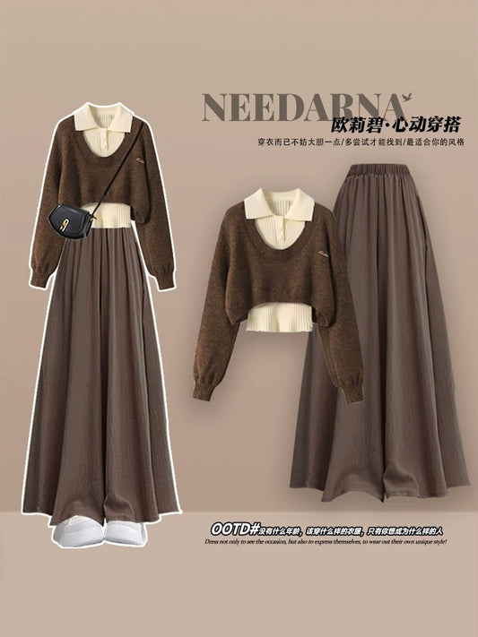 Korean style atmosphere wear knitted sweater suit long skirt pants early autumn women's clothing Maillard loose dress