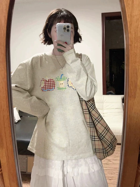 100% cotton American retro Hong Kong style chic straight shoulder long-sleeved T-shirt women's loose lazy niche design top