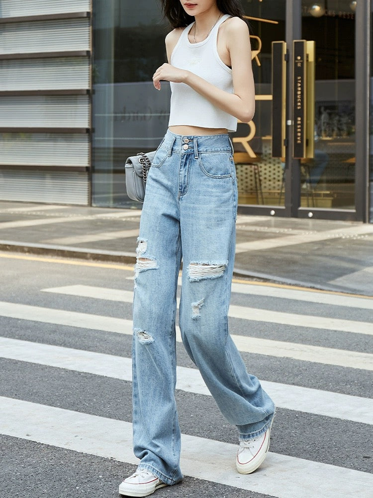 Light blue contrast high waist straight ripped jeans for women loose wide leg 2024 spring new style hip lift design mopping