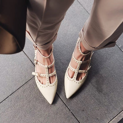 Women's spring rivet high-heeled shoes thick-heeled leather single shoes pointed-toe Mary Jane shoes mid-heel one-word buckle small size 33 straps