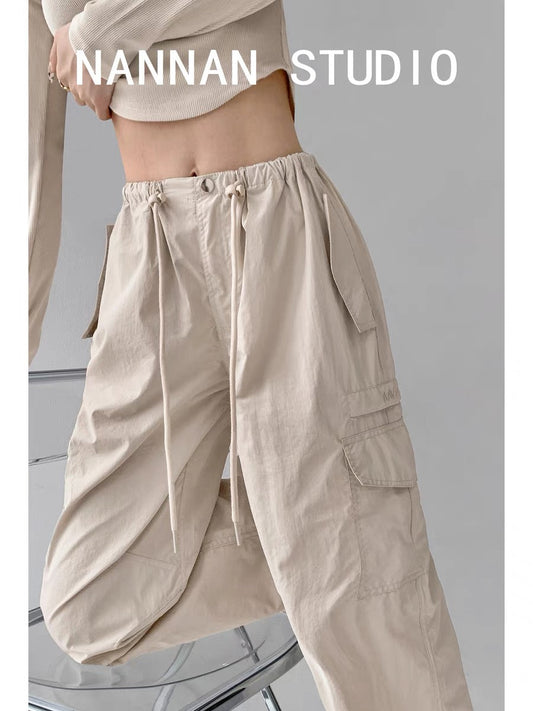 American hottie drawstring low-waist overalls for women in autumn loose pockets and leg-tie paratrooper pants quick-drying sports wide-leg pants (S0825)