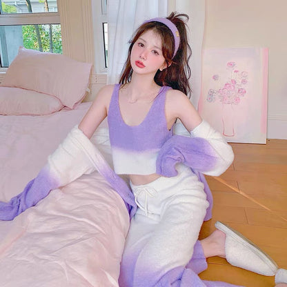 Sexy Pajamas Winter Women's Three-piece Set 2023 New Coral Velvet Soft and Thickened Internet Celebrity Home Clothing Spring and Autumn (S0939)