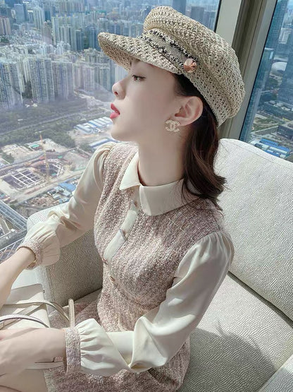 Xiaoxiangfeng Dress Autumn 2021 New Women's Polo Collar Contrast Color Splicing Fake Two-piece Retro Fashion Skirt