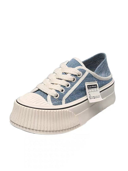 Uncle MJ thick-soled platform shoes women's new denim fashion all-match casual shoes round toe lace-up biscuit shoes