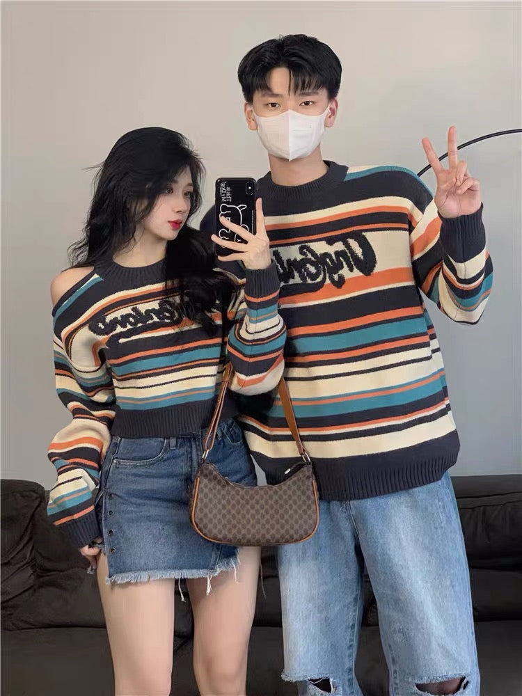 Couple clothing autumn and winter 2023 new trendy brand striped sweaters for men and women, one long and one short, lazy style high-end knitted sweaters