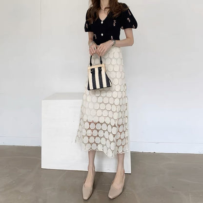 2023 new spring fairy skirt summer a-line French niche lace polka dot irregular mid-length skirt for women T3474