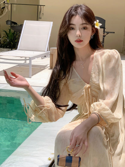 ByYou Spring New Style Puff Sleeve V-neck Printed Yellow Dress Long Two-piece Set Includes Suspender Skirt