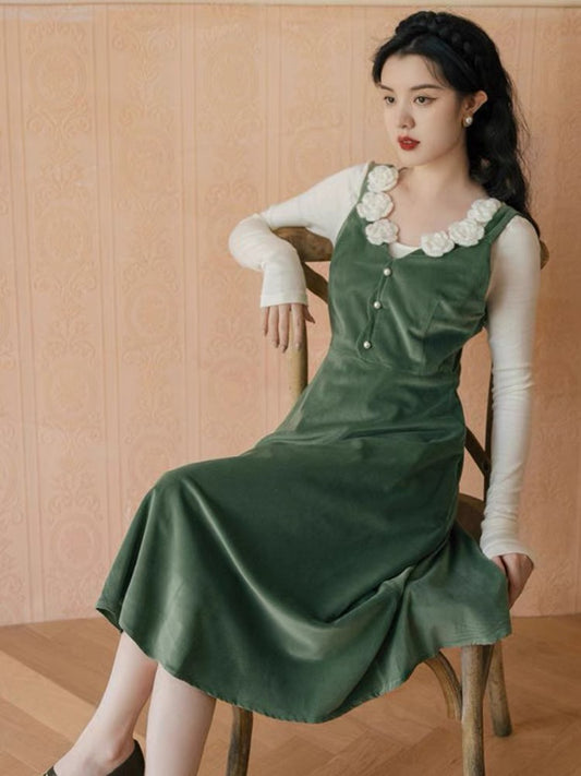 French retro inner bottoming shirt suspender skirt suit for women autumn and winter 2022 new high-end dress two-piece setữ