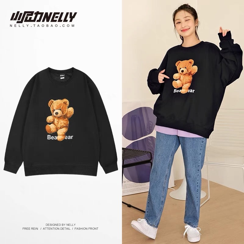 ins sweatshirt men's spring and autumn loose trendy brand ins bear print round neck men's autumn tops bf style