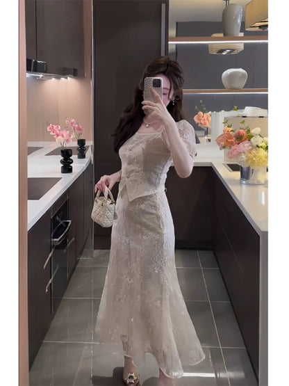 French style mini-style suit, summer heavy-duty embroidered lace short-sleeved top, fishtail skirt, high-end two-piece set