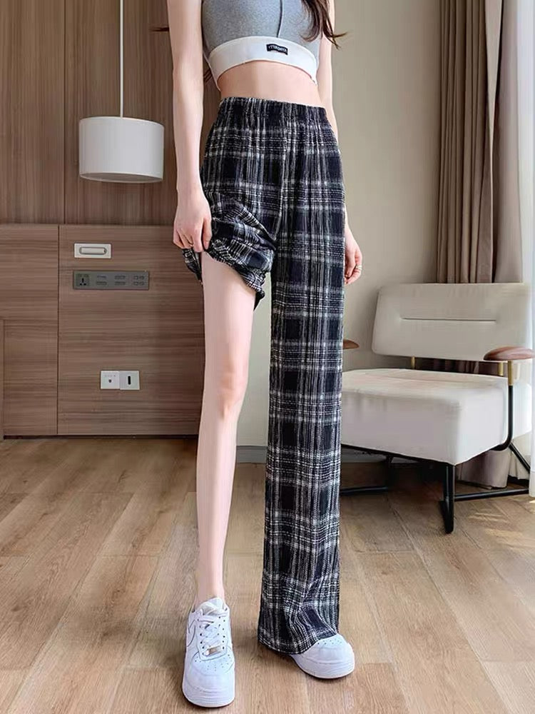 Pleated plaid trousers for women 2023 new autumn thin Korean style high-waisted straight loose slim casual wide-leg trousers (B3918)