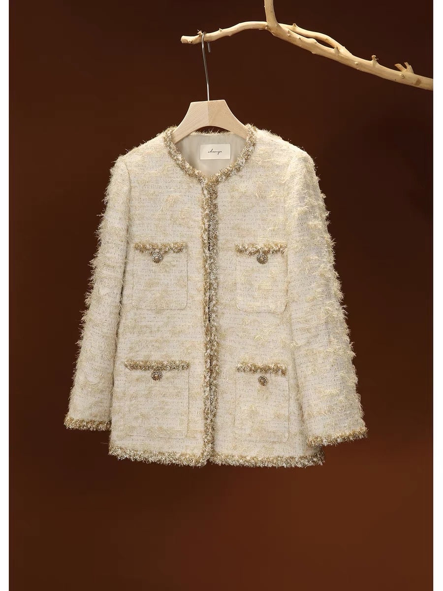 [WTF663526AG] Xiaohan Yunwu Silver Onion Heavy Industry Beige Gold Thread Ribbon Decorated Elegant Xiaoxiang Jacket
