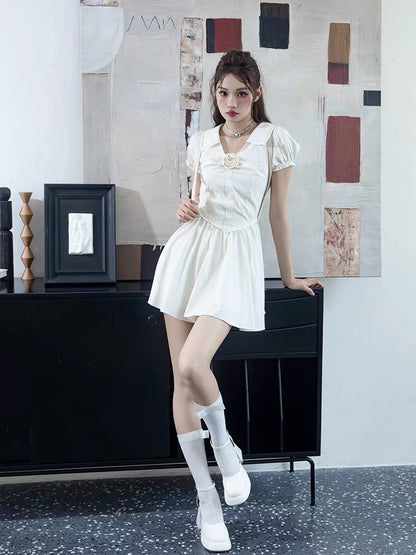 MOXI Summer Girly White Puff Sleeve Dress Sweet and Spicy Temperament Slim Shirt Skirt Women