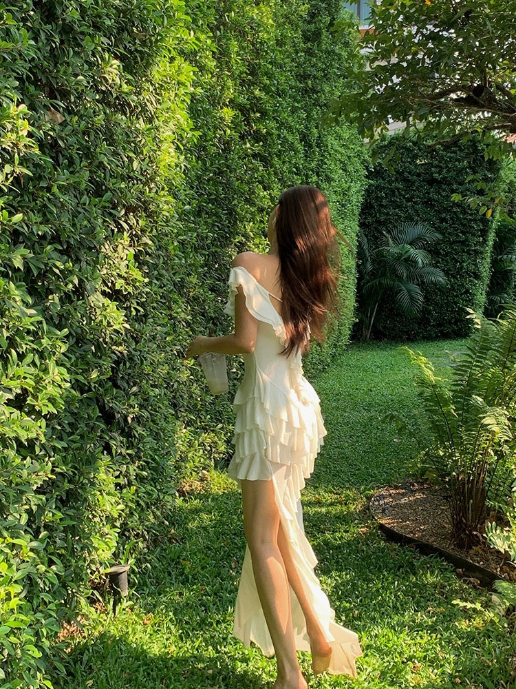 Xiaoli XIAOLI Snow Willow Tencel Wool One Shoulder Sling Dress Temperament Niche Design Ruffled Long Skirt