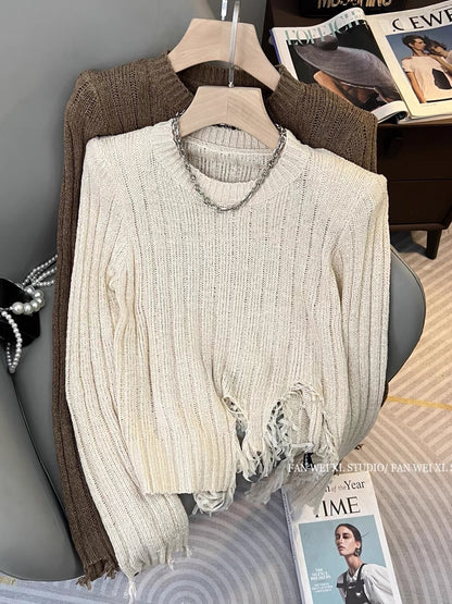Autumn new design irregular retro versatile slim hole tassel slit round neck sweater women's top (B2212)