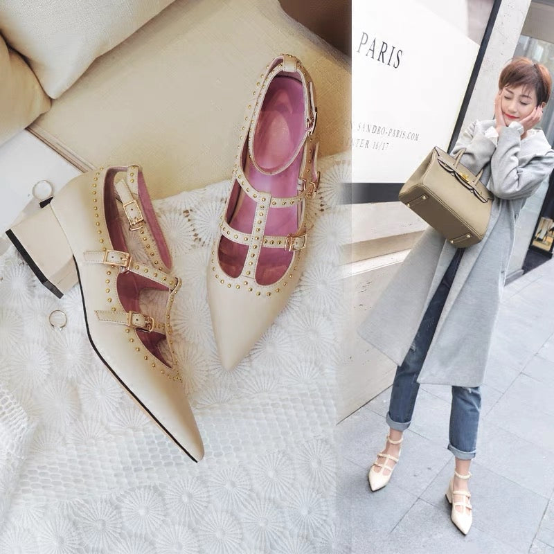 Women's spring rivet high-heeled shoes thick-heeled leather single shoes pointed-toe Mary Jane shoes mid-heel one-word buckle small size 33 straps