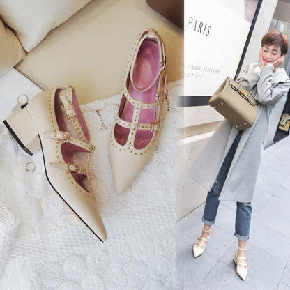 Women's spring rivet high-heeled shoes thick-heeled leather single shoes pointed-toe Mary Jane shoes mid-heel one-word buckle small size 33 straps