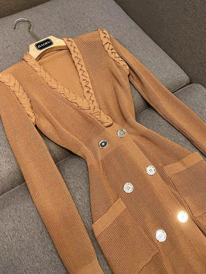 European and American apricot handmade twist collar three-dimensional shoulder cotton hip-covering long-sleeved knitted autumn dress cross-border (B7914)