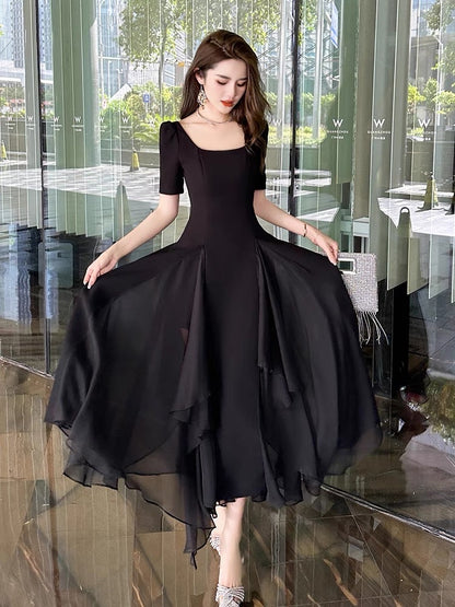 Irregular high waist black dress