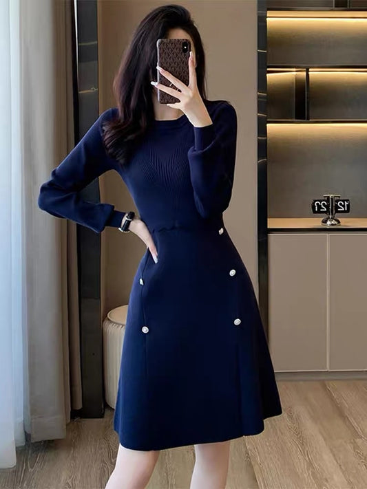 Autumn new light luxury retro temperament dress women's royal blue elegant and dignified waist knitted A-line skirt D7799