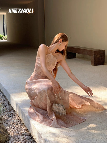 XIAOLI Floating Sand Song Halter Neck Long Dress Spring and Summer French Retro Temperament A-line Skirt
