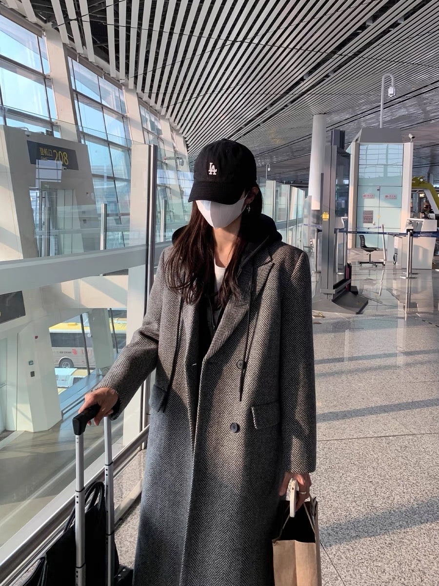MULVAN Gray Herringbone Wool Coat Women's 2023 Autumn and Winter