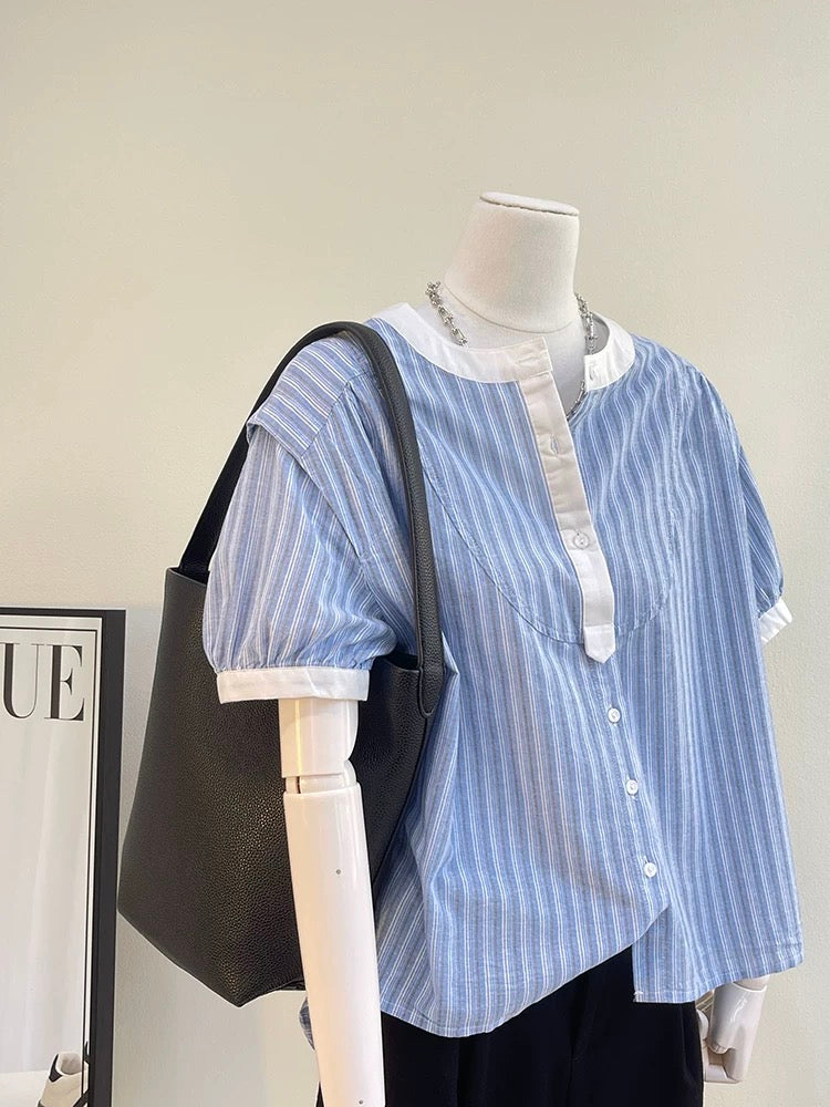 The last wave of new styles in summer~Spliced vertical striped shirts for women Summer design loose and slim short-sleeved tops