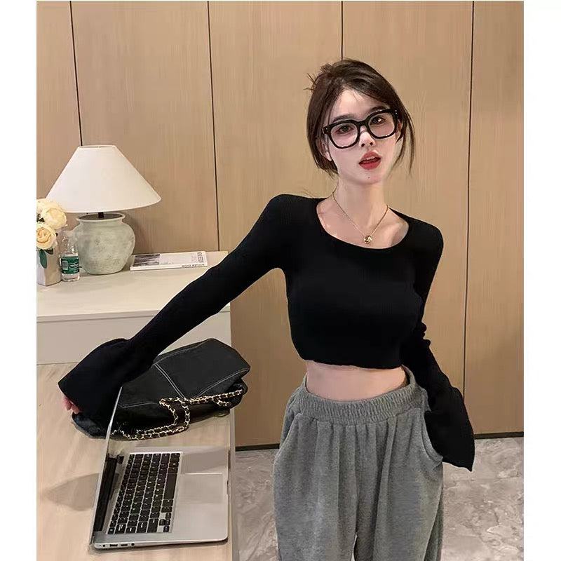Bell Sleeve Square Neck Sweater Women's Autumn and Winter 2022 New Slim Fit Sexy Hot Girl Lace-up Short Top