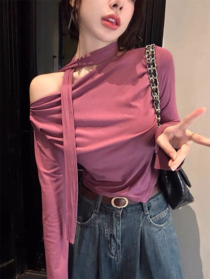Sweet hot girl sexy one-word off-shoulder short bottoming shirt women's top design chic ribbon long-sleeved t-shirt early autumn
