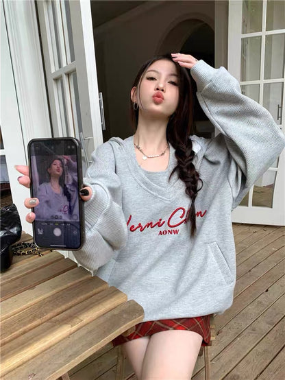 American waffle fashion suit for women autumn 2023 new hooded sweatshirt with camisole two-piece trendy set A2235