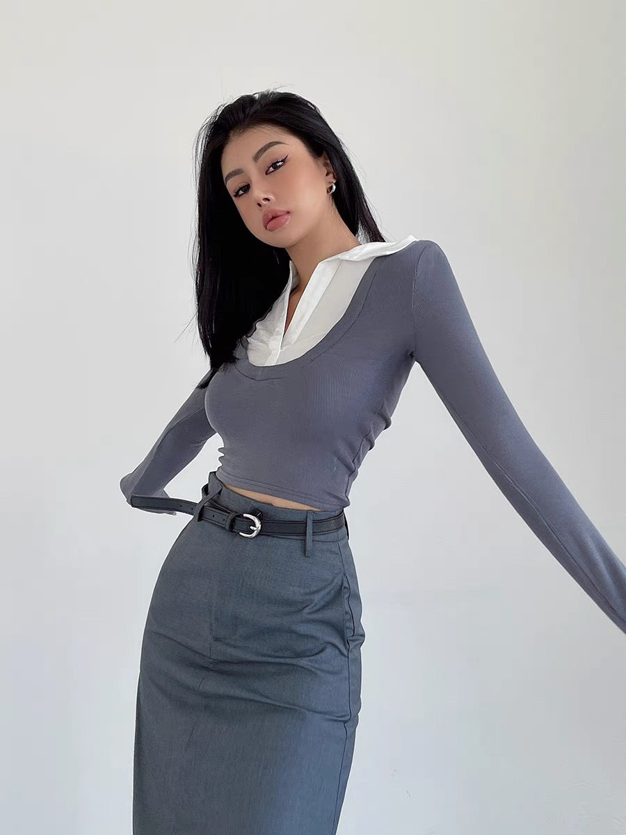 liviahome college style shirt collar fake two-piece top for women autumn hot girl tight short navel-baring long-sleeved T-shirt (T196)