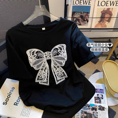 The counter shopping mall has withdrawn the international big-name cut-off single-tail single women's bow short-sleeved T-shirt women's Hong Kong style tops