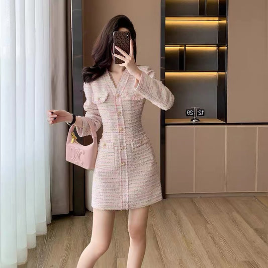 Celebrity Xiaoxiang style A-line skirt women's high-end light luxury style long-sleeved tweed temperament goddess style pink dress autumn