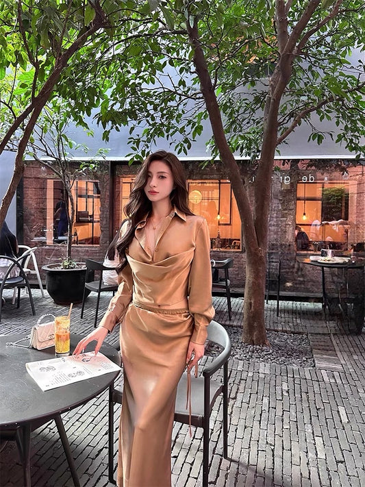 For Fay Golden Muse Temperament Waist Backless Shirt + Low Waist Hip Covering Half-length Skirt Satin Suit for Women