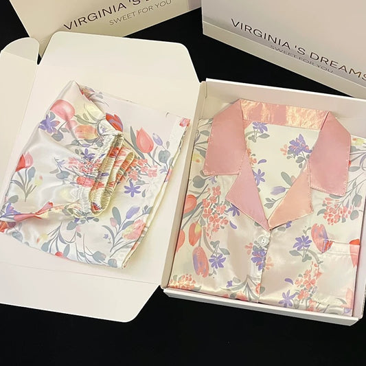 2024 new ice silk pajamas women's short-sleeved summer thin silk can be worn outside home clothes suit spring and summer