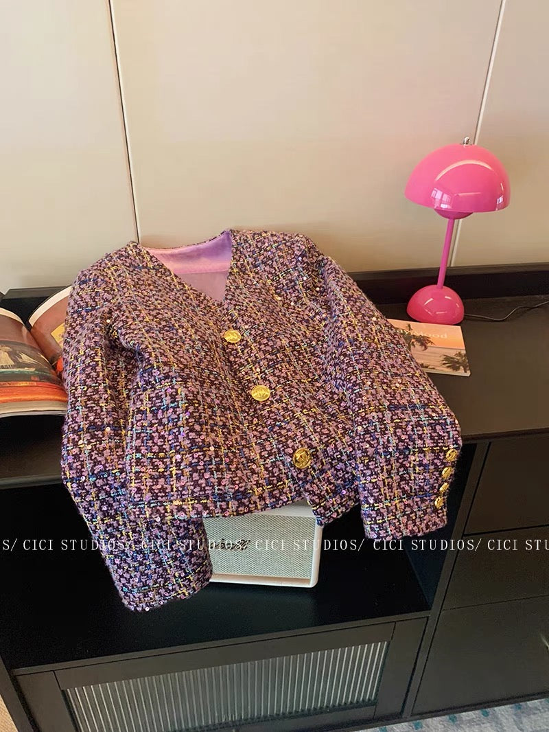 Xiaoxiangfeng purple heavy industry sequined V-neck jacket women's autumn and winter 2023 new high-end lady style temperament top