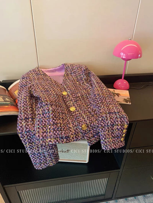 Xiaoxiangfeng purple heavy industry sequined V-neck jacket women's autumn and winter 2023 new high-end lady style temperament top